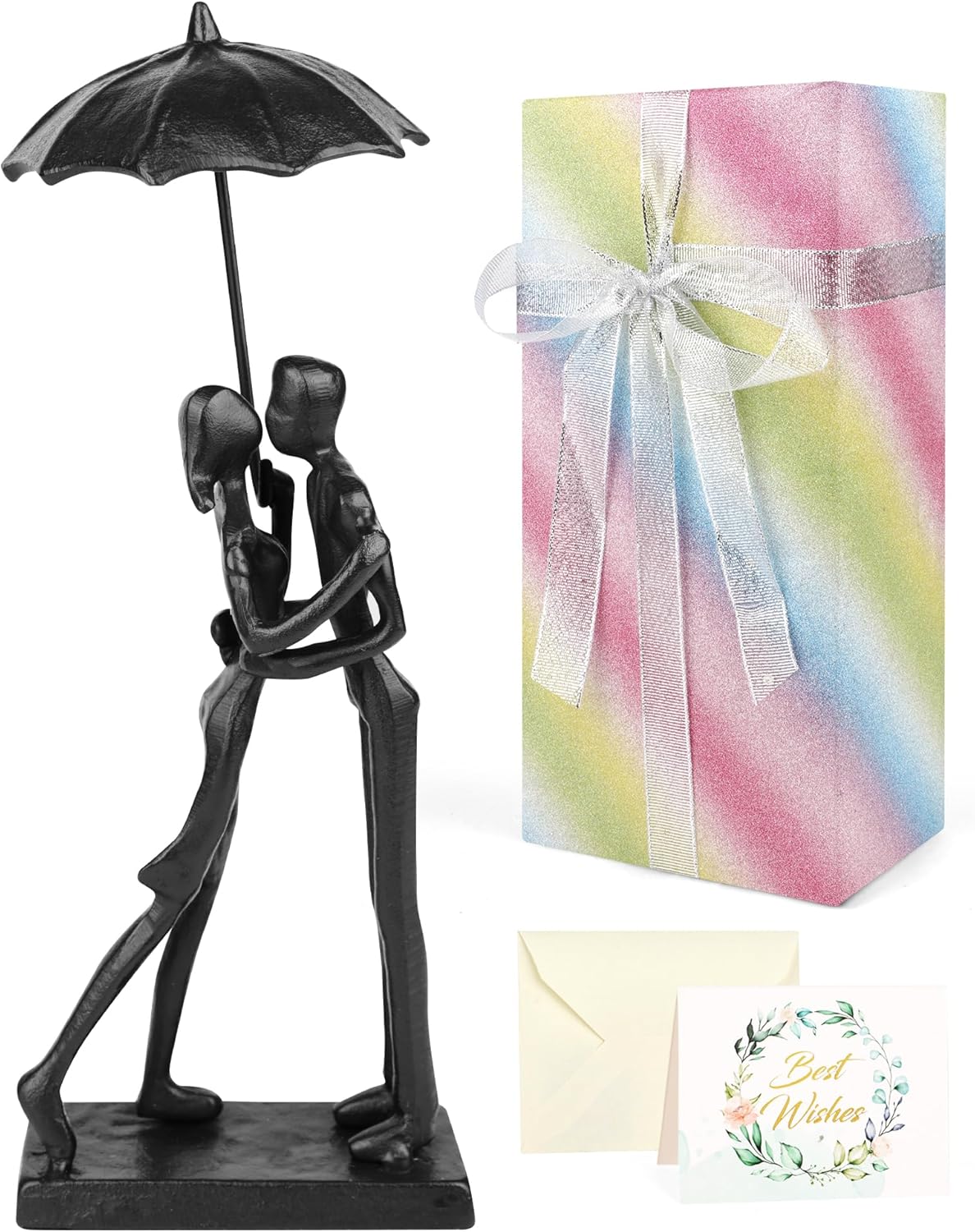 Affectionate Couple Statue Kissing Under Umbrella for Gifts