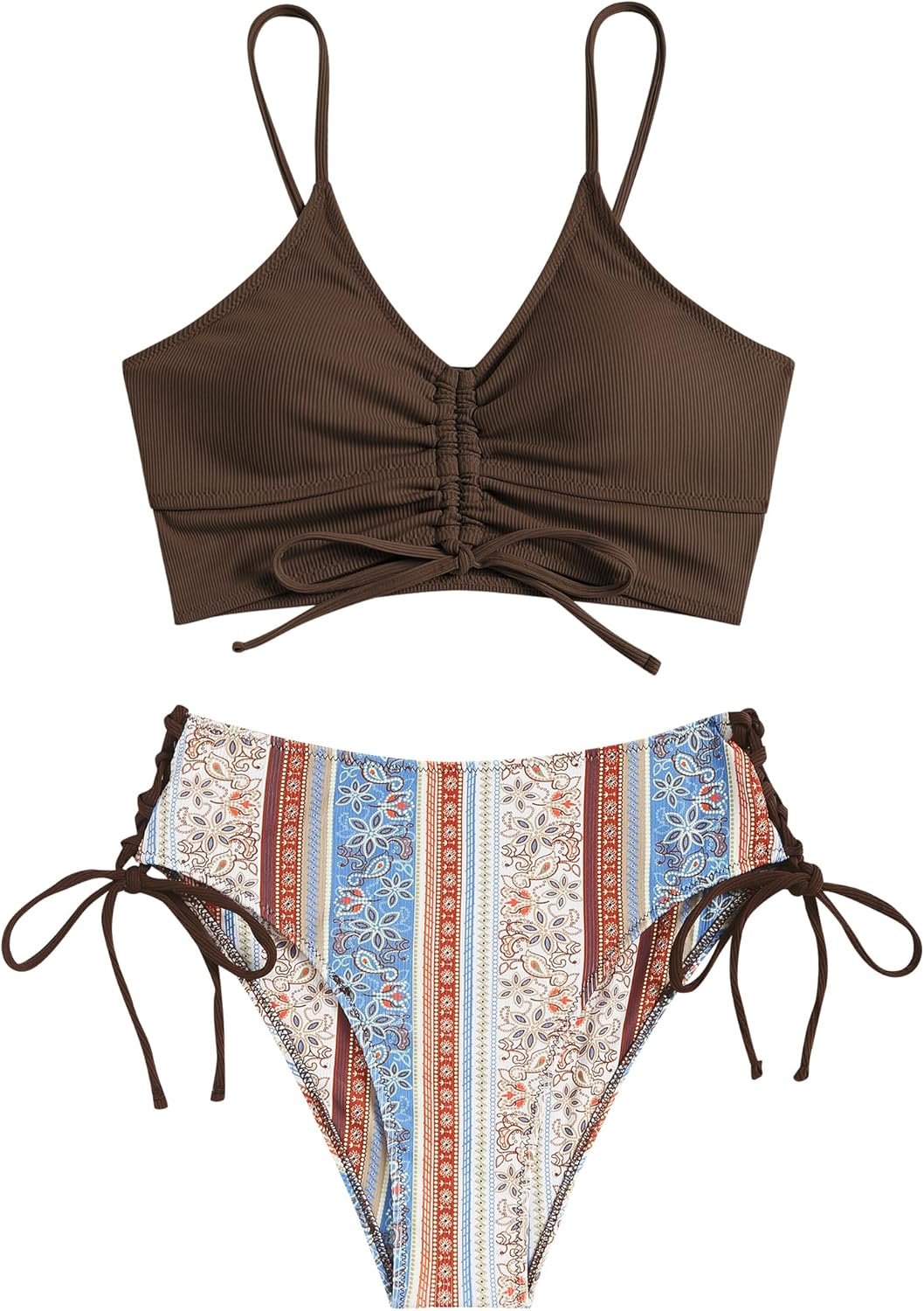 V Neck Tie Front Bikini Set for Women - Floral Print Swimsuit