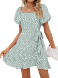 Womens Chiffon Square Neck Puff Sleeve Tie Waist Dress - Flowy Mini