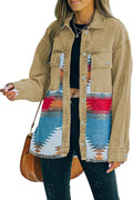Aztec Denim Jacket Distressed Khaki Shacket - Vintage Boho Style