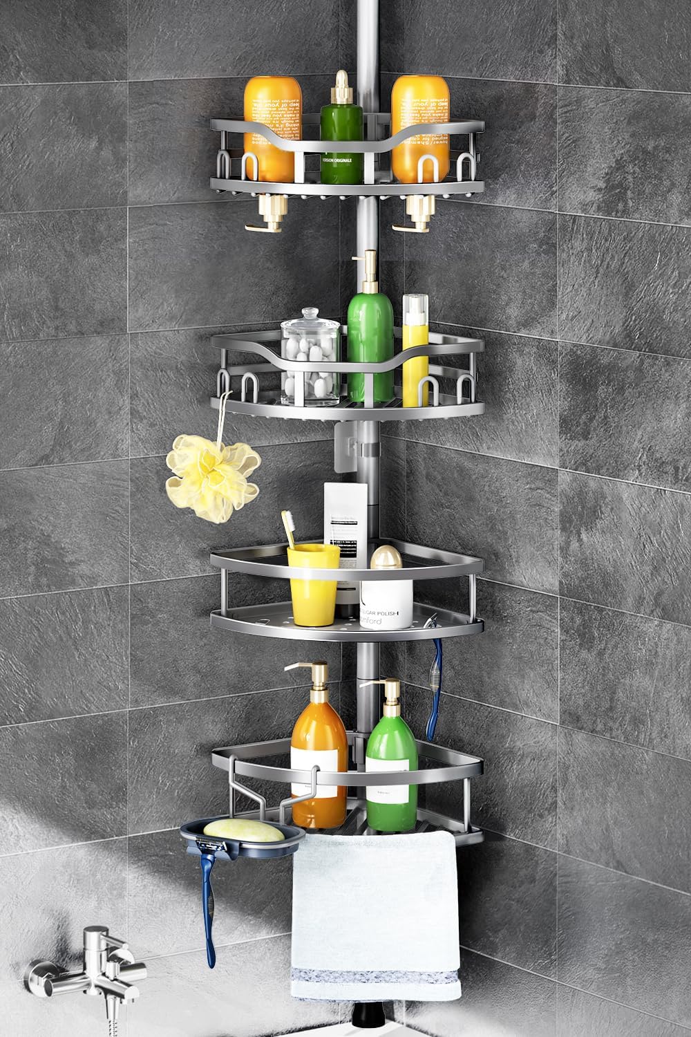 HAMITOR Corner Shower Caddy Tension Pole for Bathroom Storage