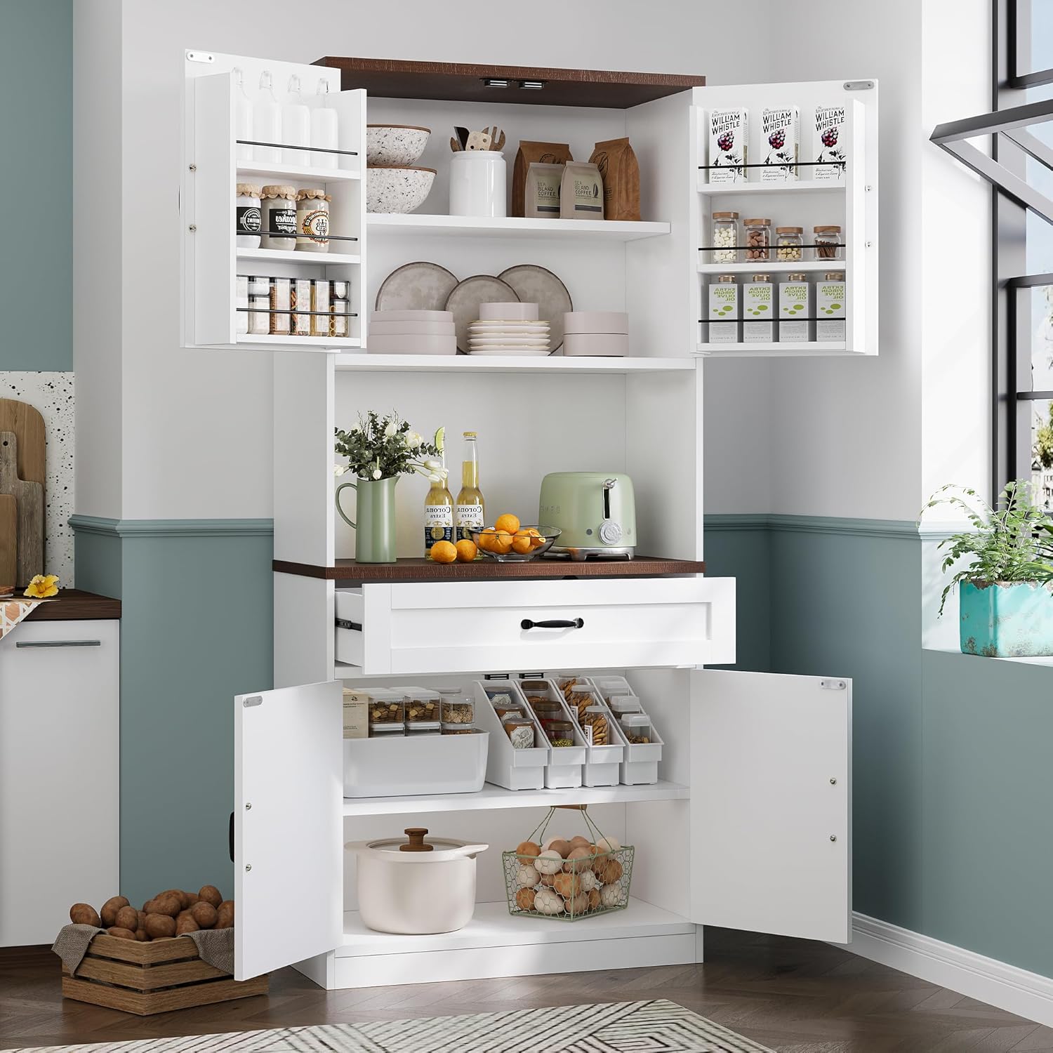 71 Kitchen Pantry Cabinet with Power Outlet & 6 Shelves