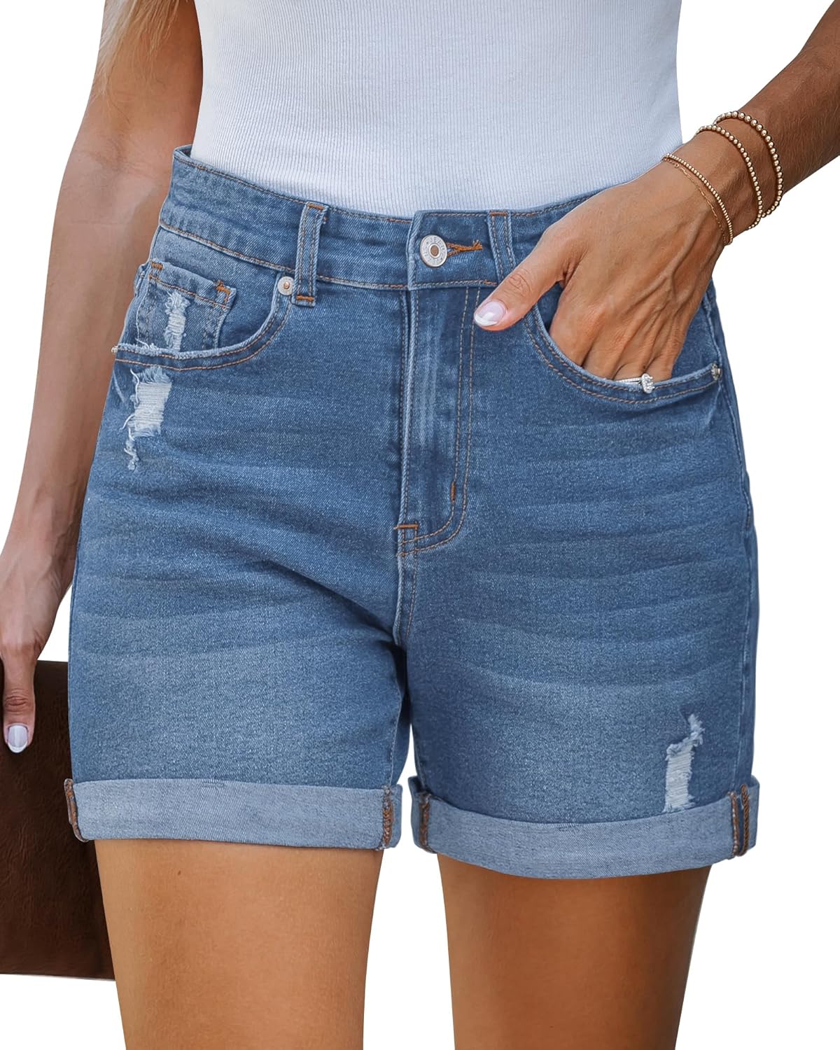 High Waisted Ripped Denim Shorts for Women by LookbookStore
