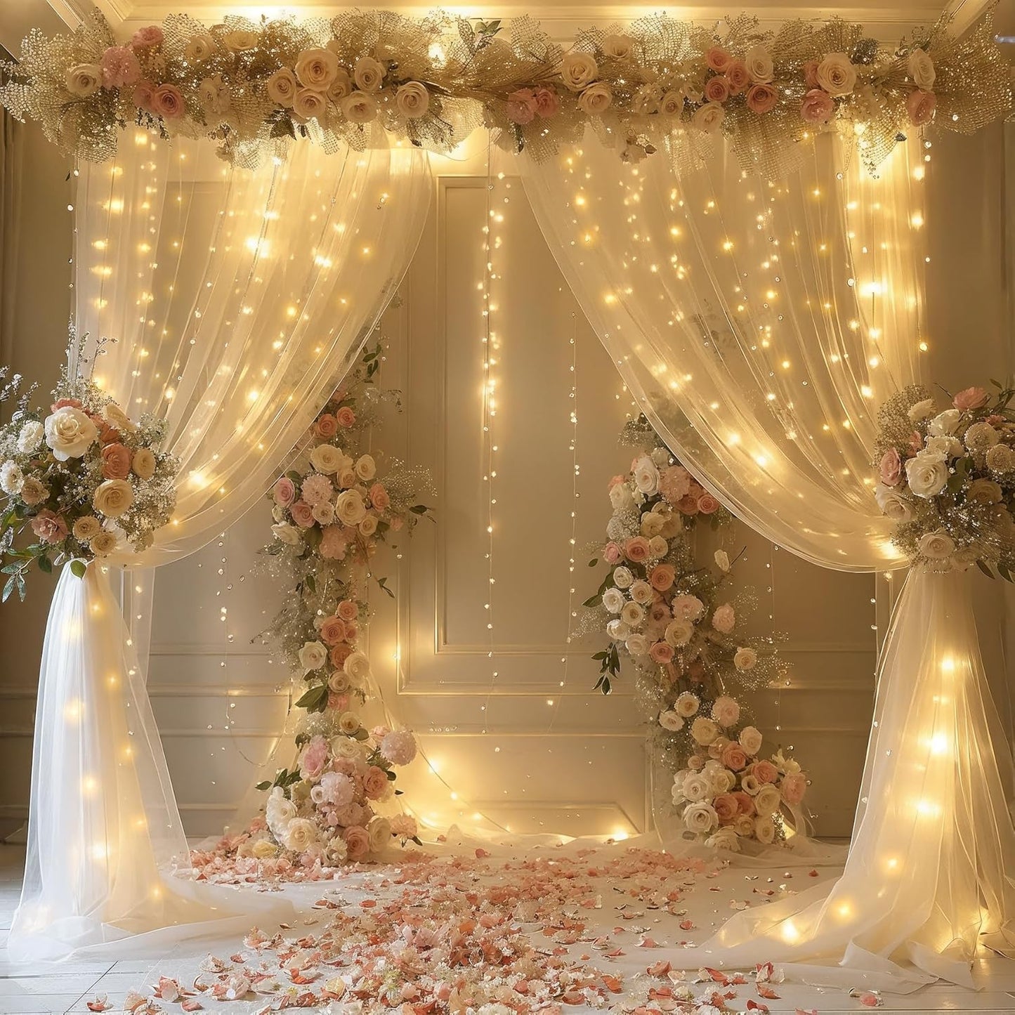 Champagne Sheer Curtains with Lights for Parties - 2 Panels 60x96 by Besutolife
