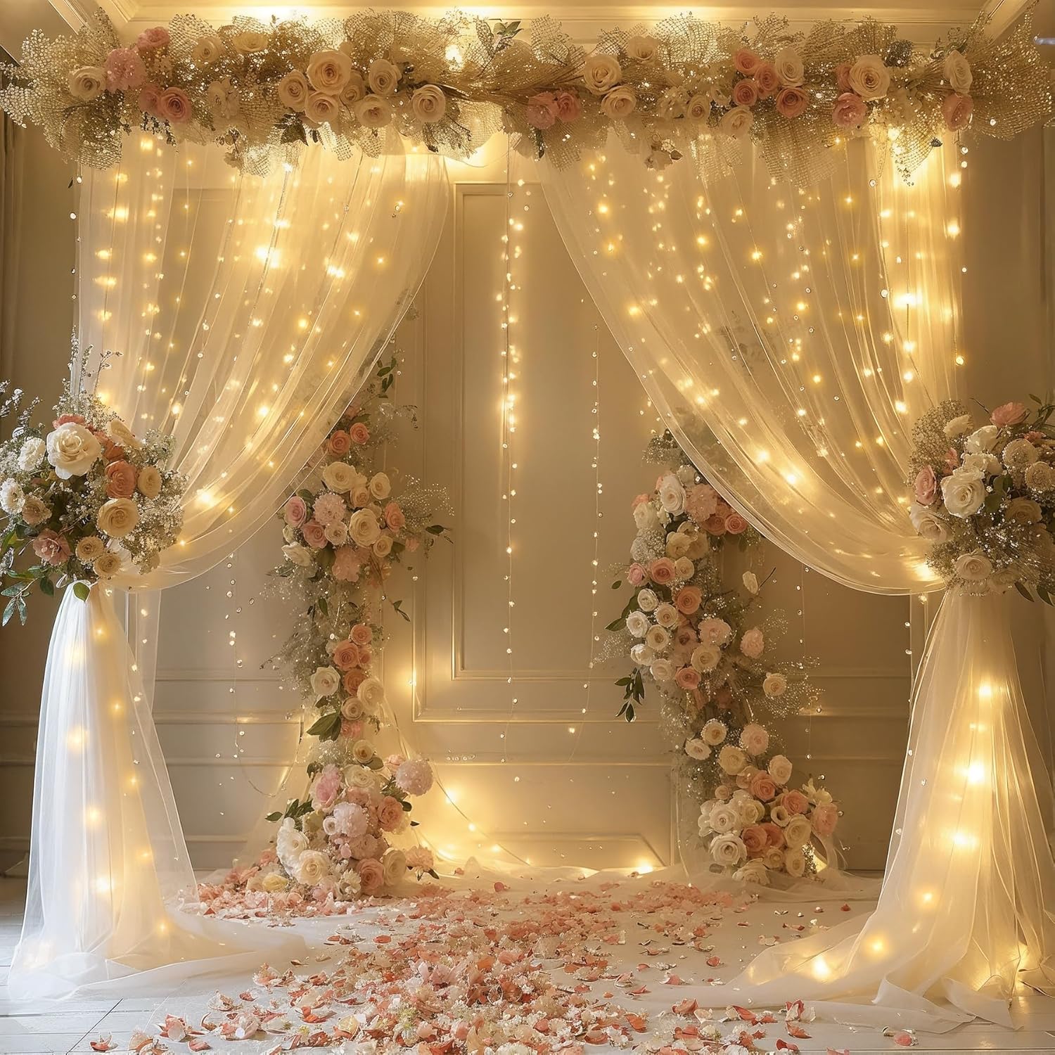 Champagne Sheer Curtains with Lights for Parties - 2 Panels 60x96 by Besutolife