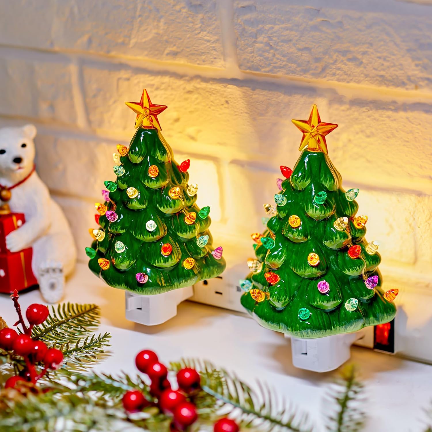 Brightown Ceramic Christmas Tree Night Light - 2 Pack for Holiday