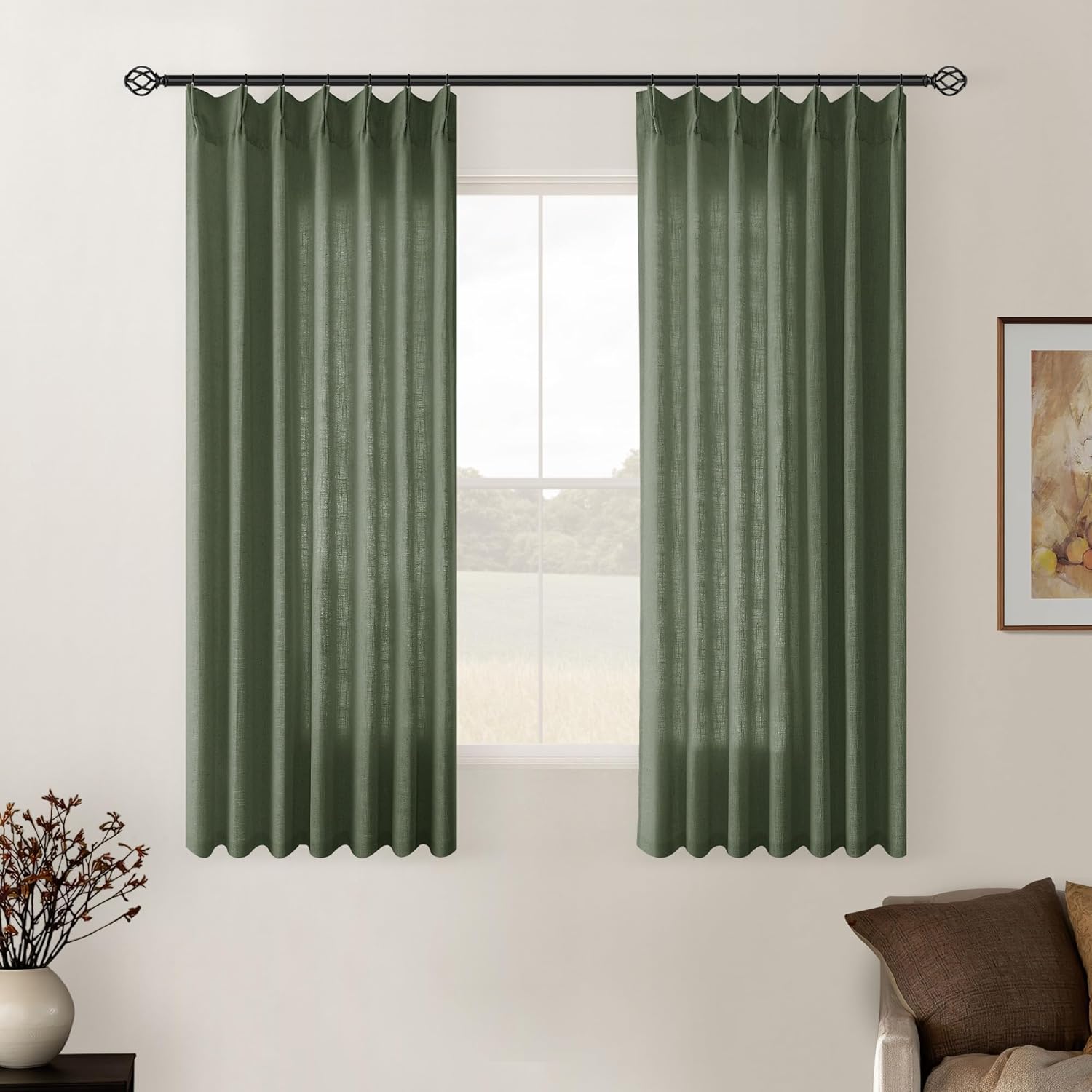 Olive Green Linen Curtains 45 Inch Length for Small Windows