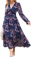 Women's Spring Wrap Maxi Dress Floral V Neck Long Sleeve - Flowy this