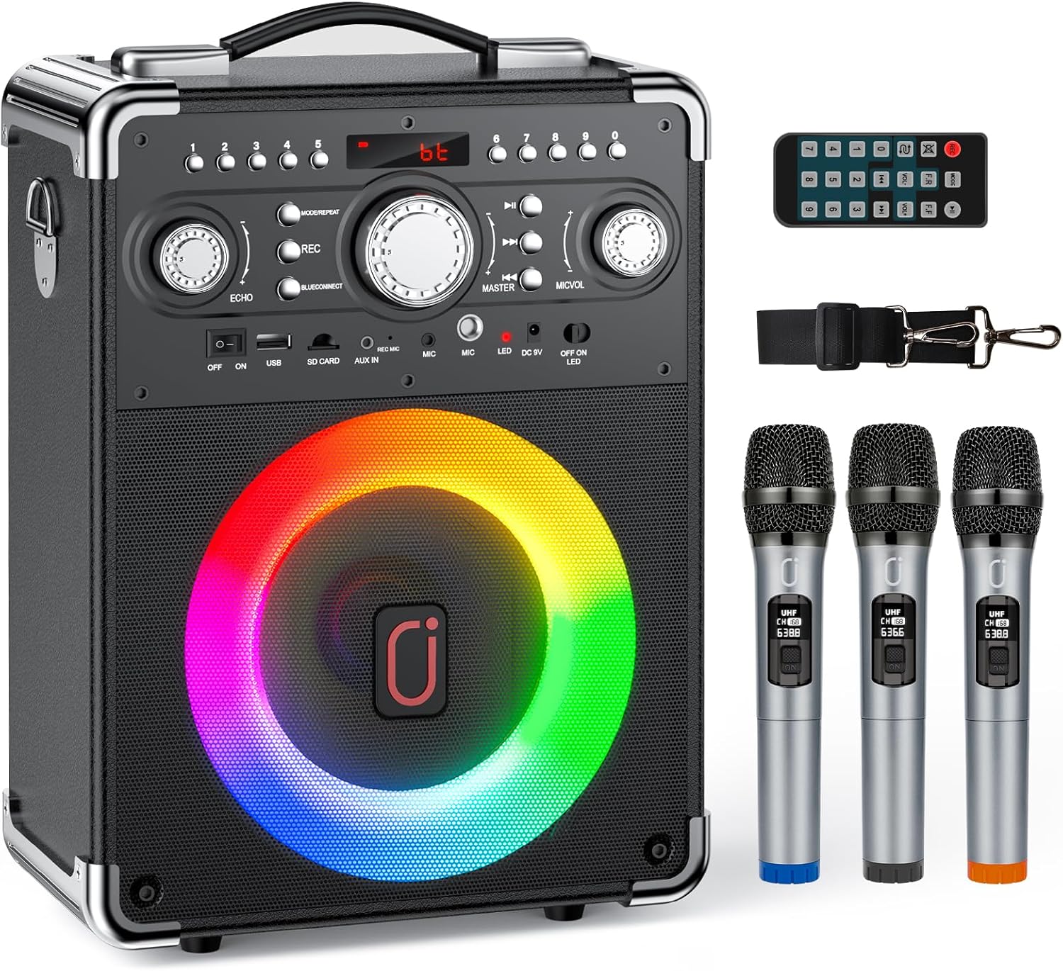 Portable Karaoke System: 3 Wireless Mics, DJ Lights