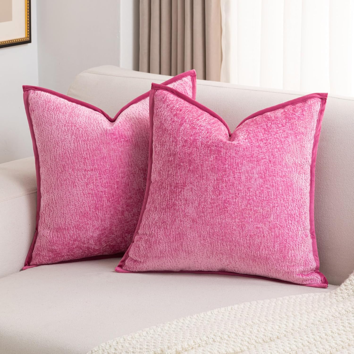 FUTEI Hot Pink Chenille Throw Pillow Covers for Cozy Decor