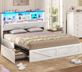 Farmhouse Bed Frame Queen Size with Bookcase Headboard - Storage & LED