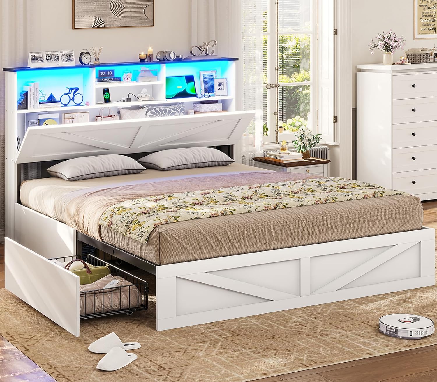 Farmhouse Queen Bed Frame with Bookcase Storage and LED Lights