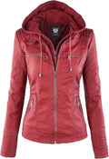 Faux Leather Moto Biker Jacket with Removable Hood