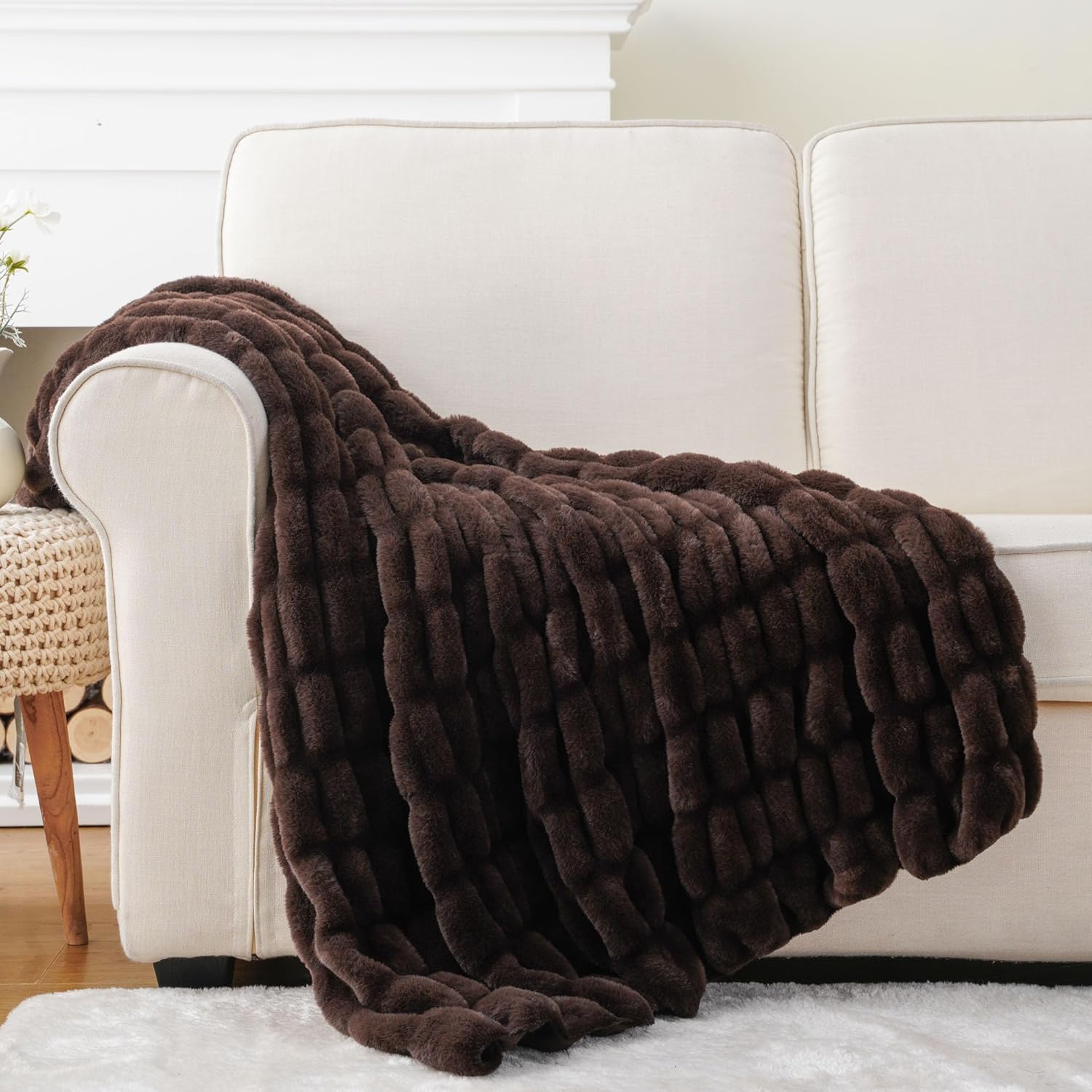 BATTILO HOME Dark Brown Faux Fur Throw Blanket for Couch