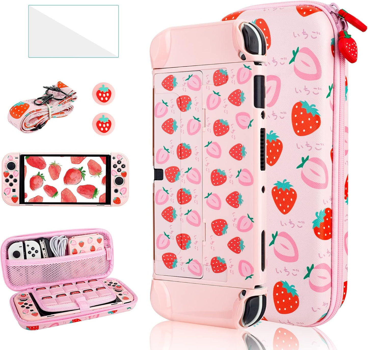 6 in 1 Carrying Case Kit for Nintendo Switch OLED - Pink Strawberry