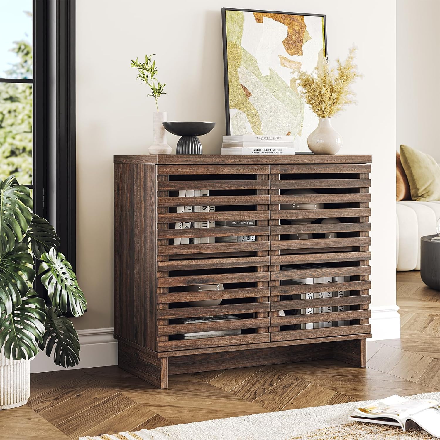 Farmhouse Walnut Sideboard - Adjustable Shelves, Fluted Doors