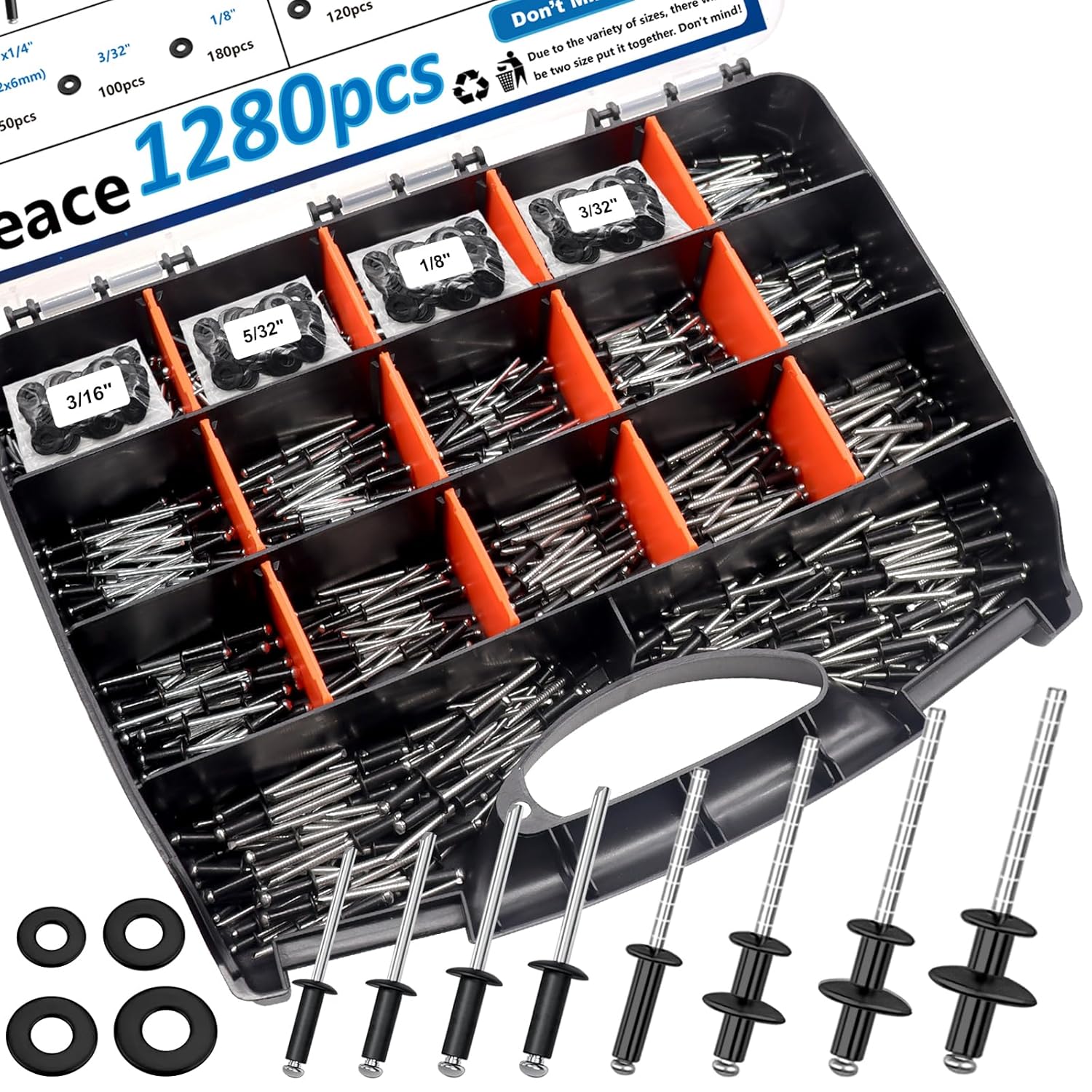 Premium 1280Pcs Stainless Steel Black Rivets with Washers Kit