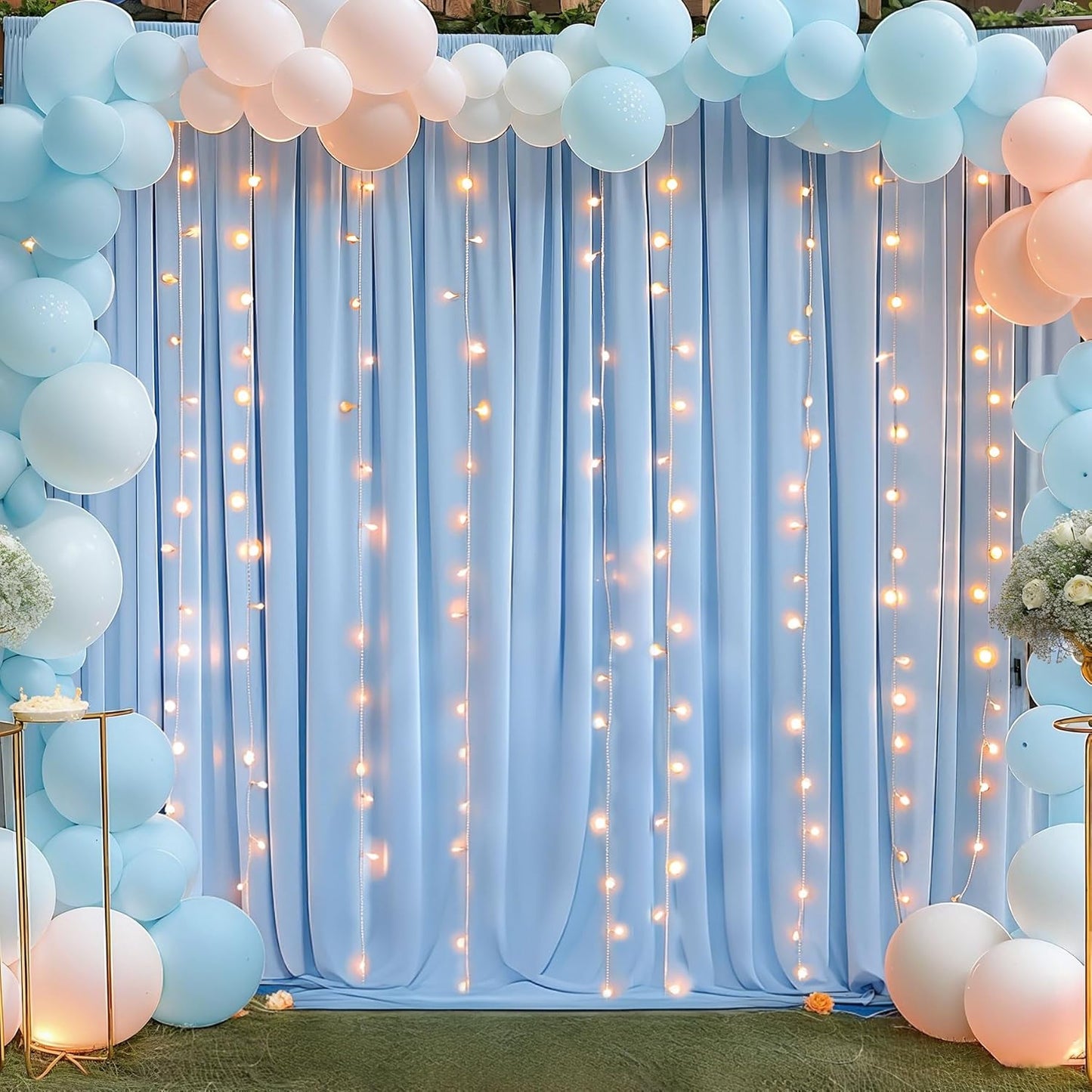 10x10ft Baby Blue Backdrop Curtains with Lights for Events
