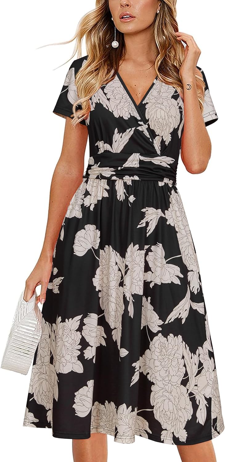 OUGES Women's Summer Short Sleeve V-Neck Floral Dress with Pockets