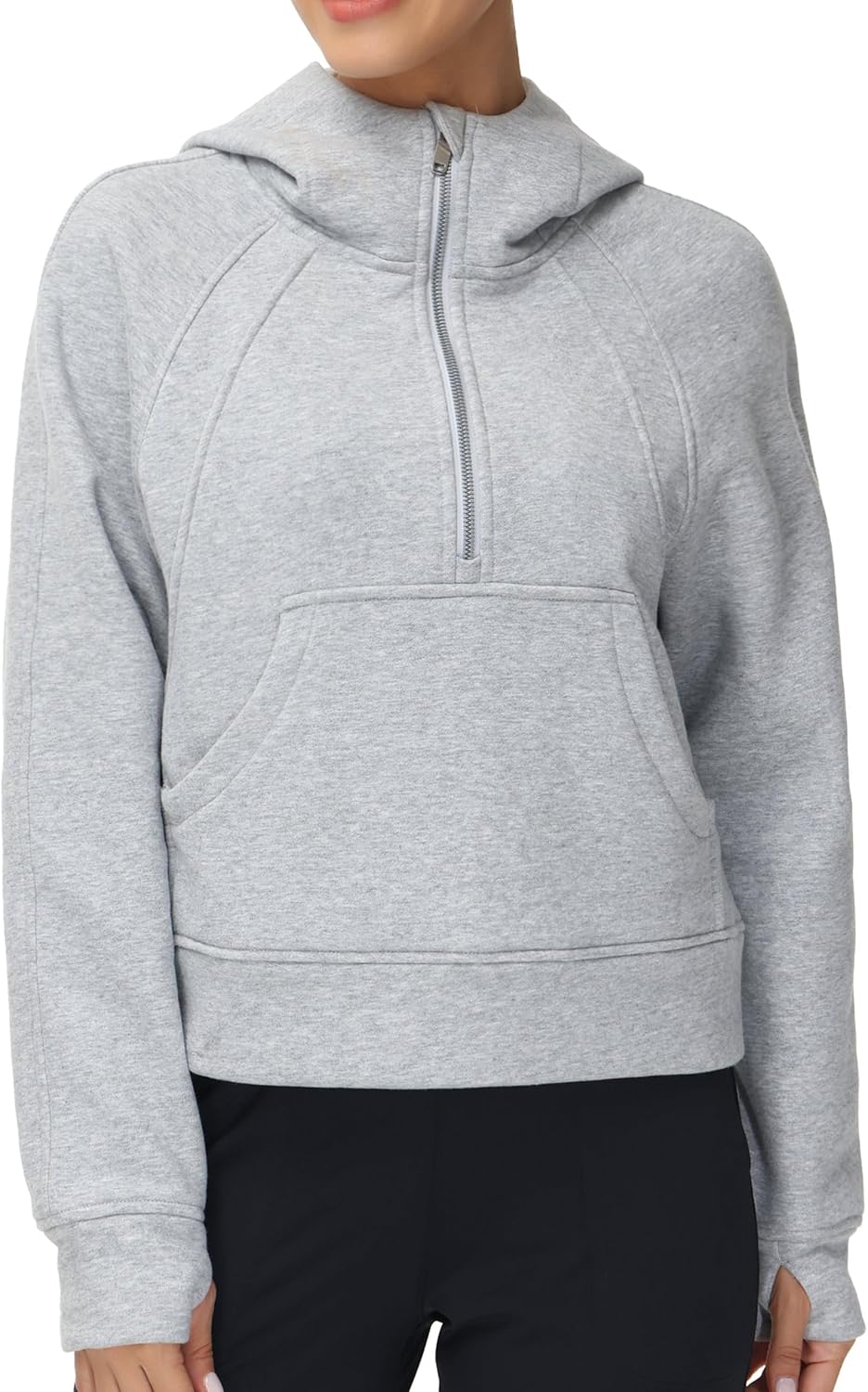 Womens' Half Zip Fleece Crop Hoodie with Pockets and Thumb Holes