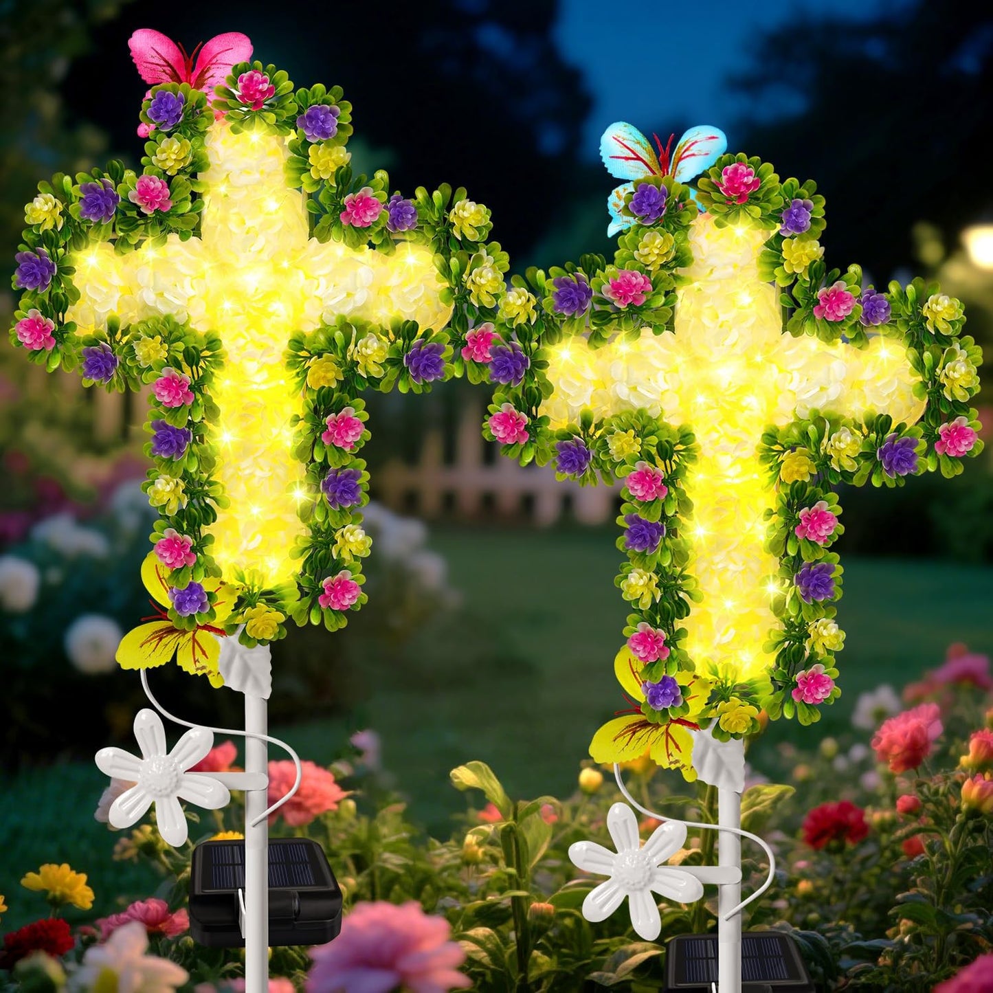 Solar Flower Cross for Cemetery Grave - Beautiful Memorial Decor