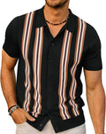 Mens Knit Polo Shirt Vintage Striped Button Down - Retro Style