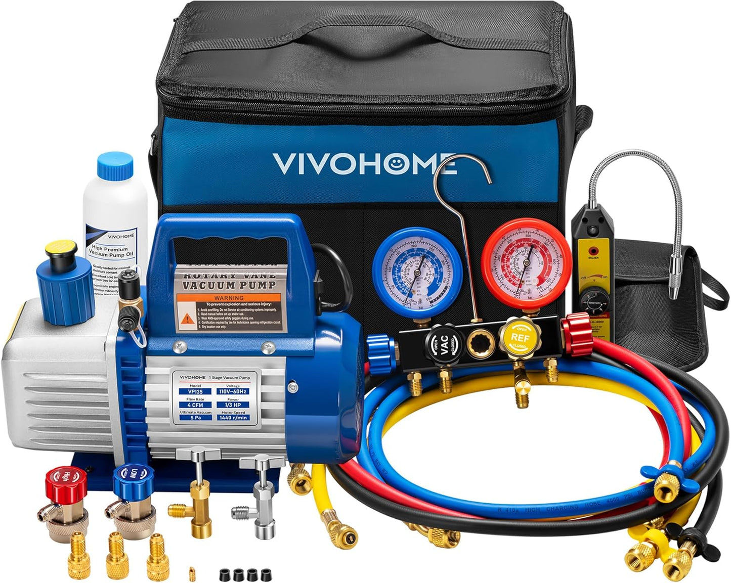 VIVOHOME 4CFM HVAC Vacuum Pump with 4 Way Gauge Set - Leak Detection & Maintenance
