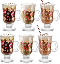 Sliner Set of 6 Christmas Glass Coffee Mugs - Festive 8 oz Irish Mugs