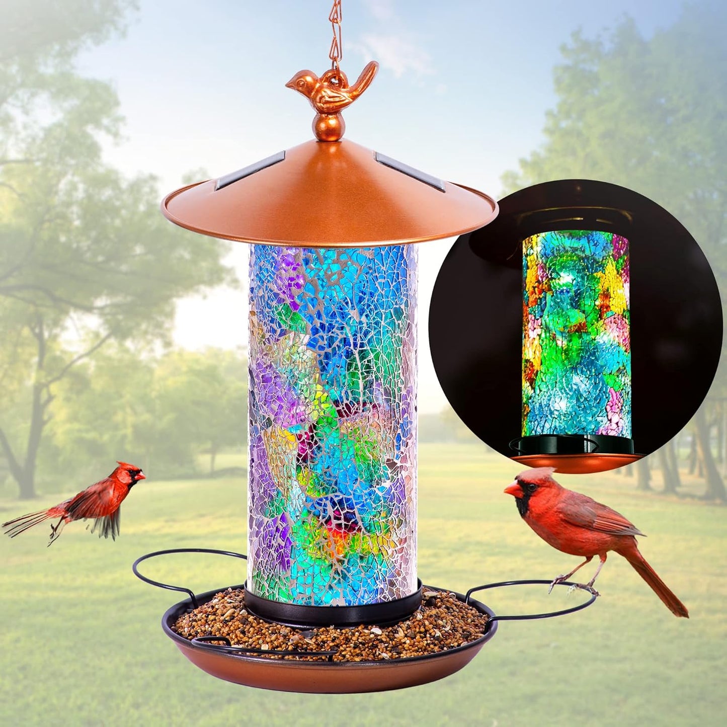 Mosaic Solar Bird Feeder with LED Lights for Garden Decor