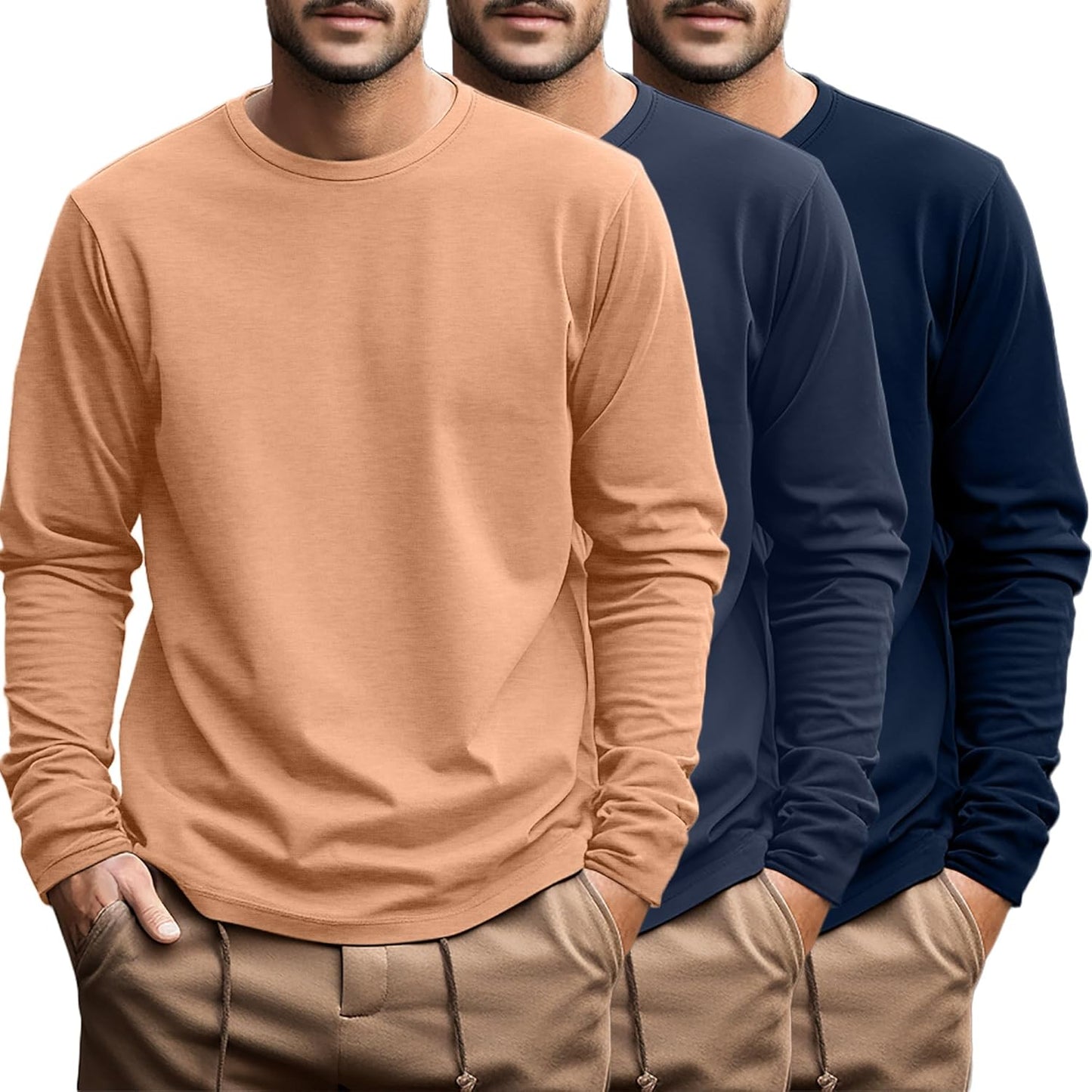 Ficerd Men's Big and Tall Long Sleeve Cotton Tee 3 Pack
