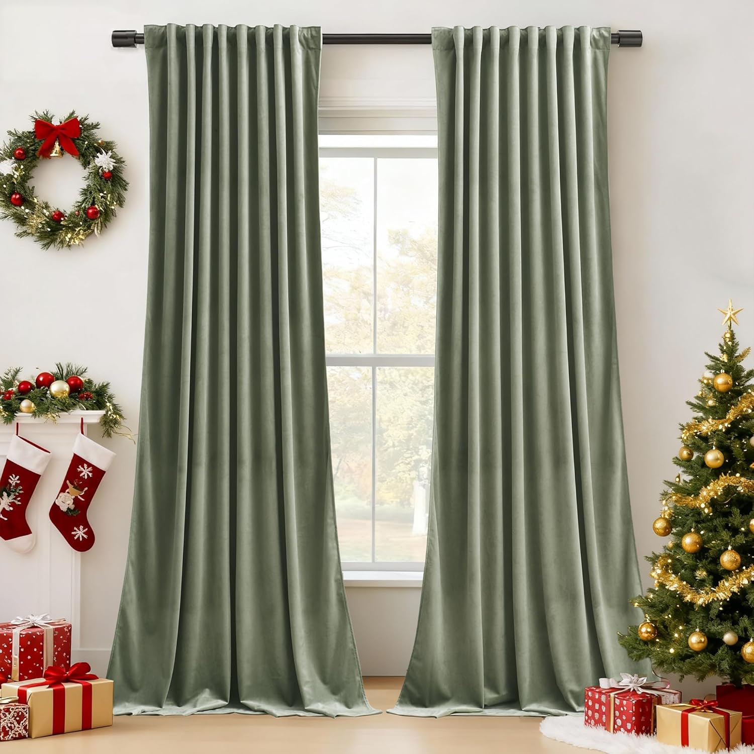 StangH Velvet Curtains 90 inches Long in Sage Green for Home