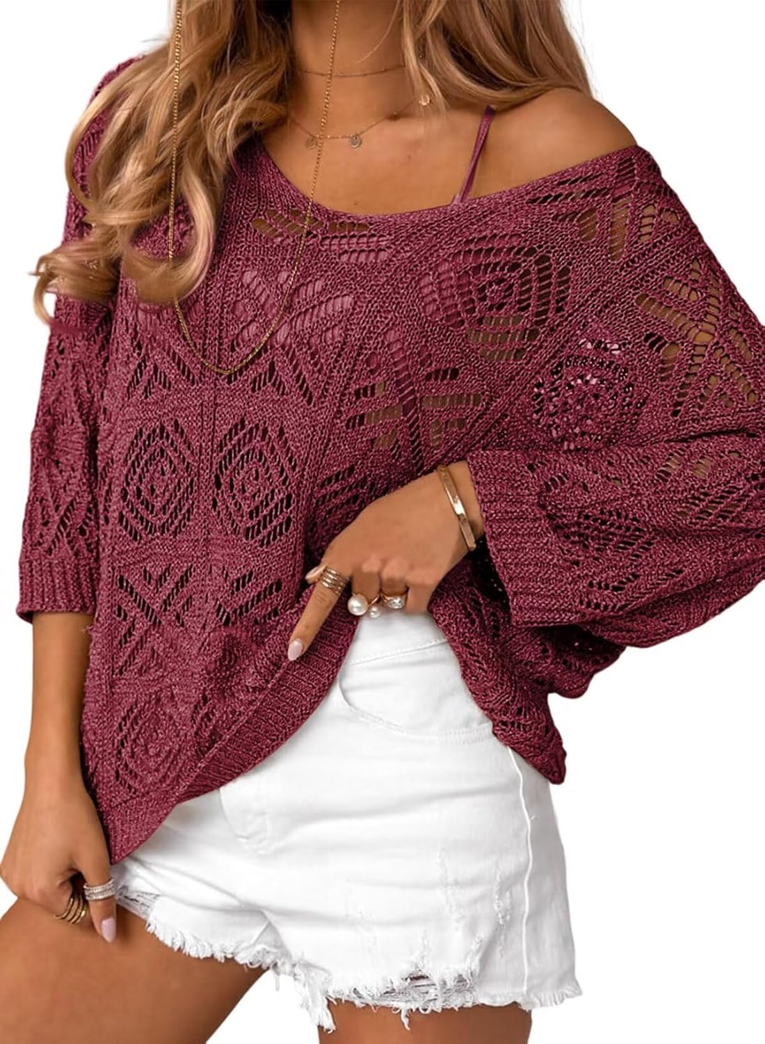 Dokotoo Women's Crochet Hollow Out Off Shoulder Pullover Sweater