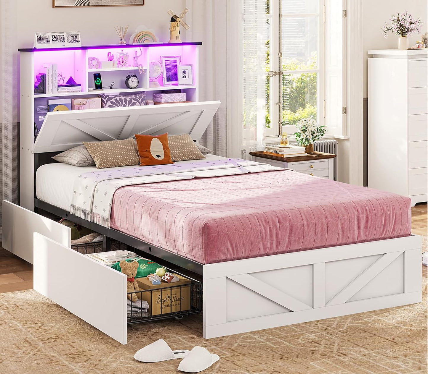 Farmhouse Twin Bed Frame with Bookcase and LED Lights