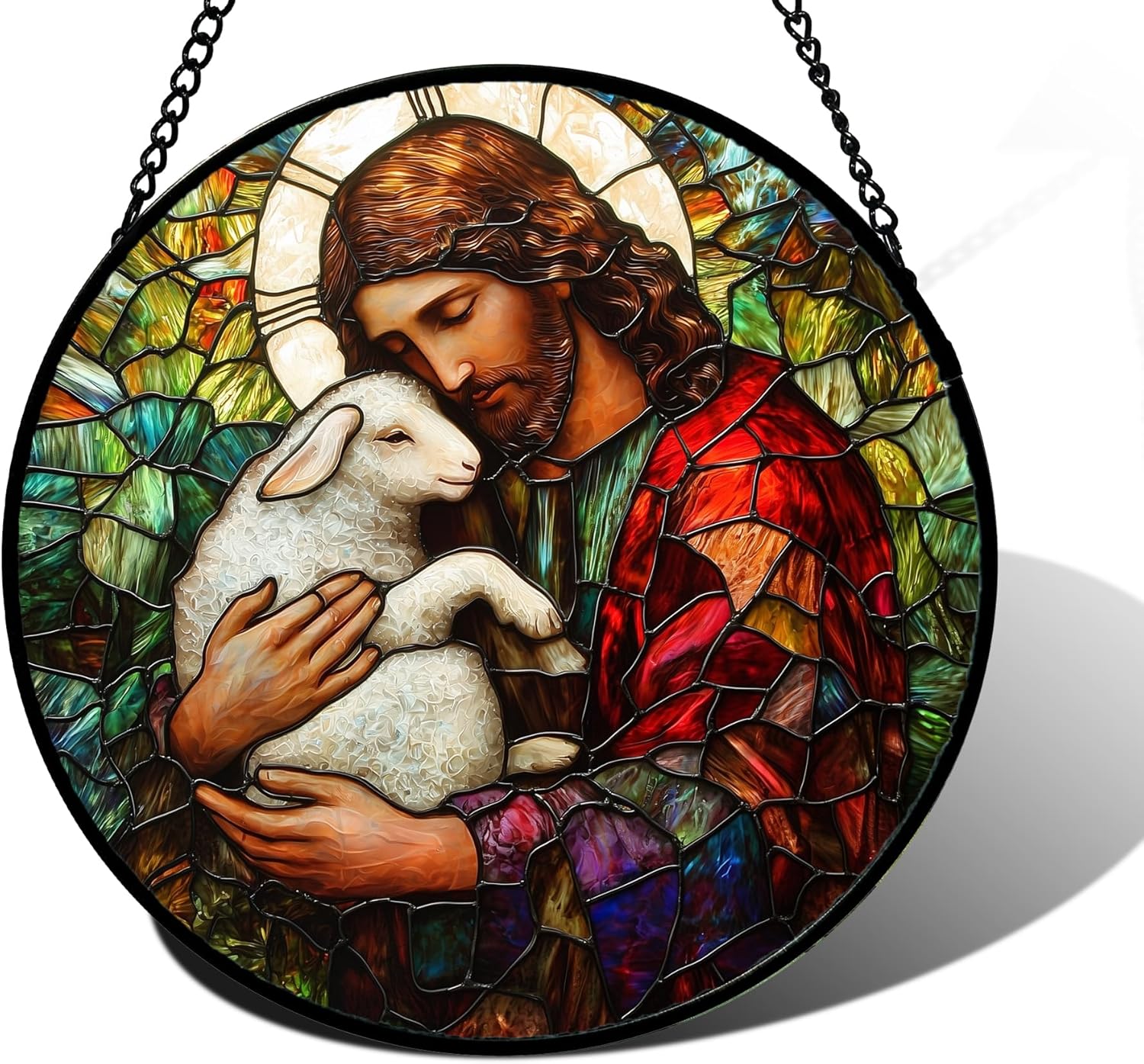 Stained Glass Window Hanging Jesus Little Lamb Colorful Decor