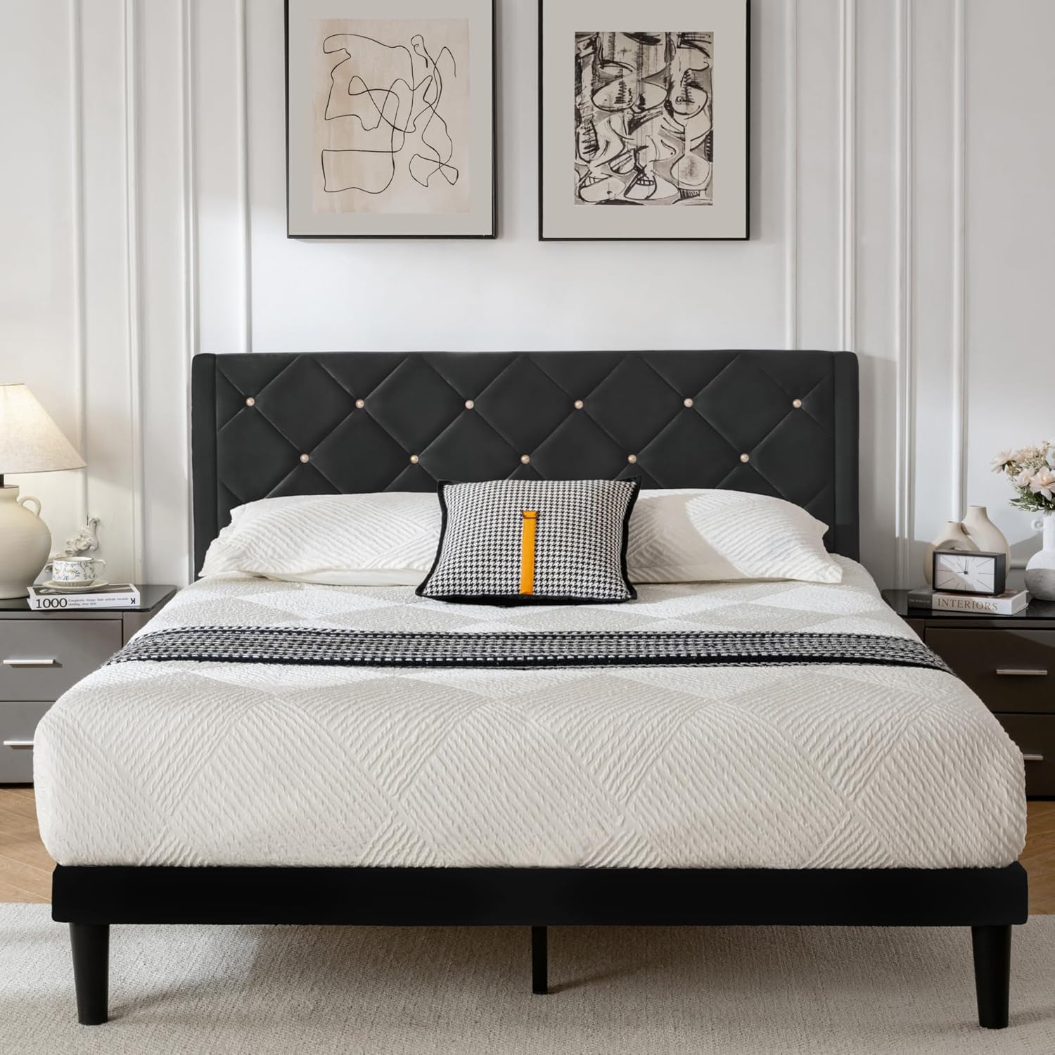Queen Size Platform Bed Frame with Velvet Headboard Design