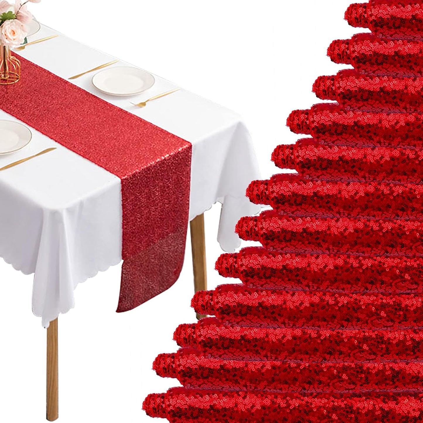 12 Packs Red Sequin Table Runner for Weddings and Parties