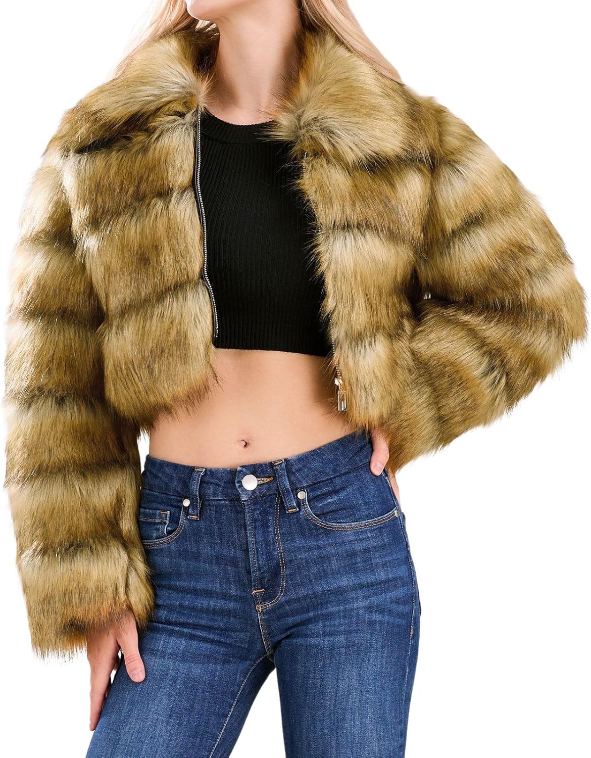 Faux Fur Cropped Jacket for Women - Warm Puffer Coat Style