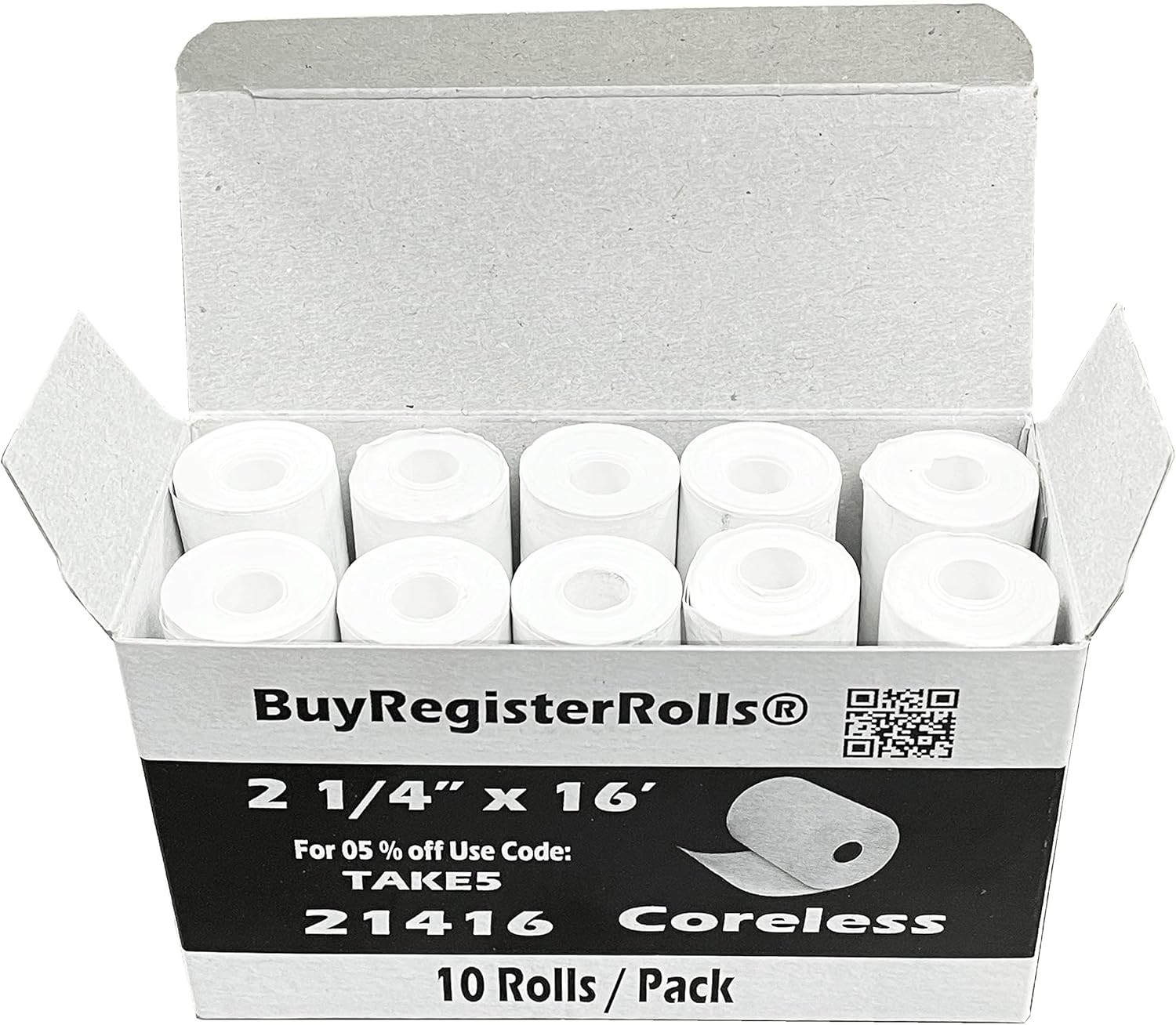 10 Coreless 2.25x16 Thermal Paper Rolls BPA-Free