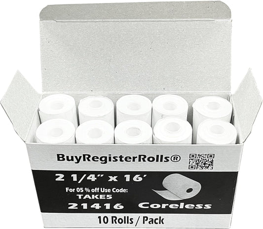 10 Coreless 2.25x16 Thermal Paper Rolls BPA-Free