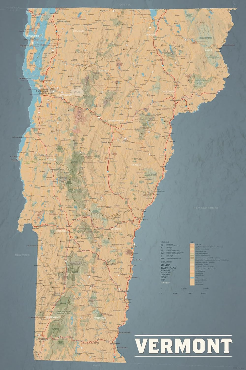 Vermont State Wall Map Poster 24x36 with Unique Styling