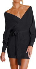 Women's Fall Long Batwing Sleeve Wrap V Neck Sweater Dress - Bodycon