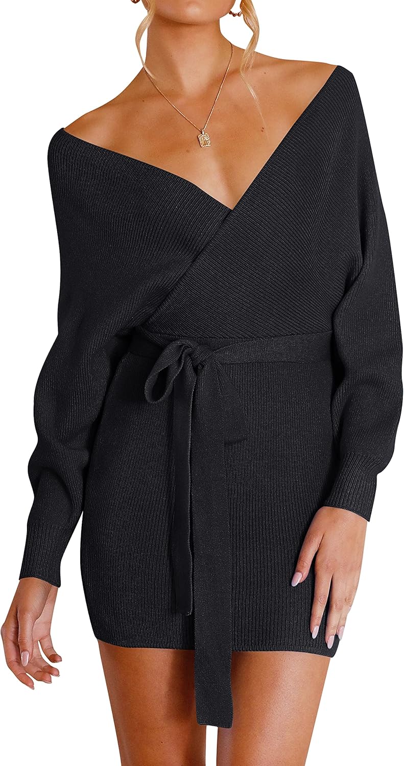 ZESICA Women's Fall Long Batwing Sleeve Wrap V Neck Dress