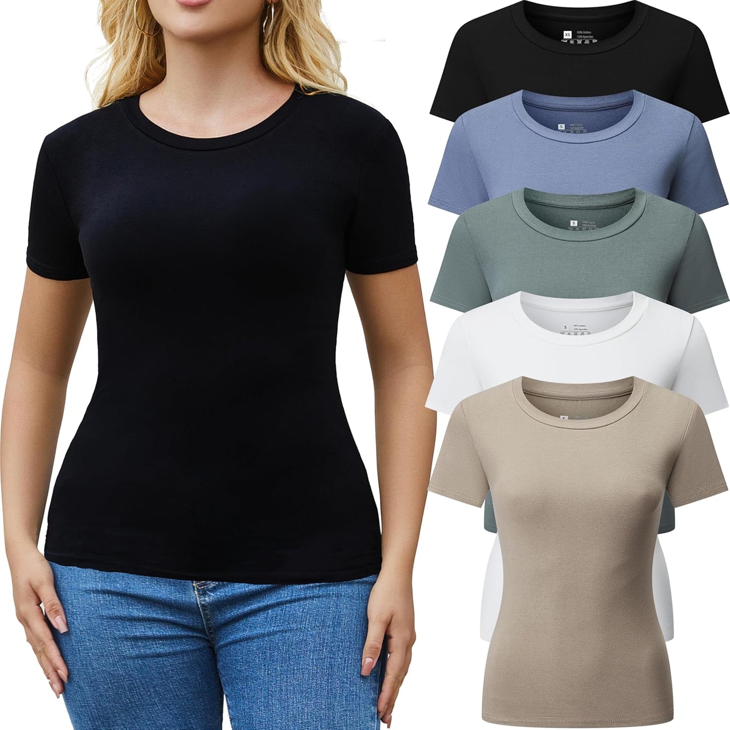 3/5 Pack Crew Neck T Shirts for Women - Casual Fitted Tops