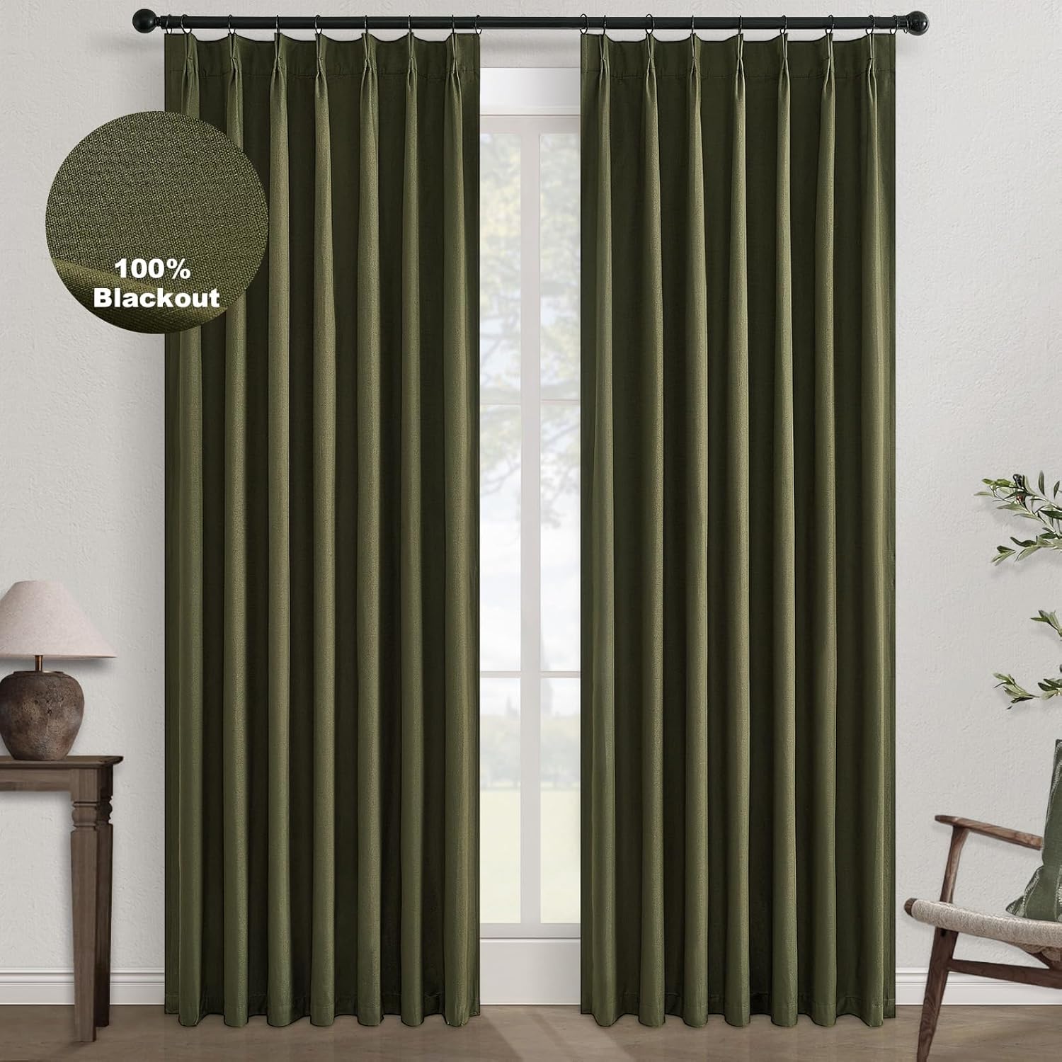 Topfinel Olive Green Linen Blackout Curtains for Total Privacy