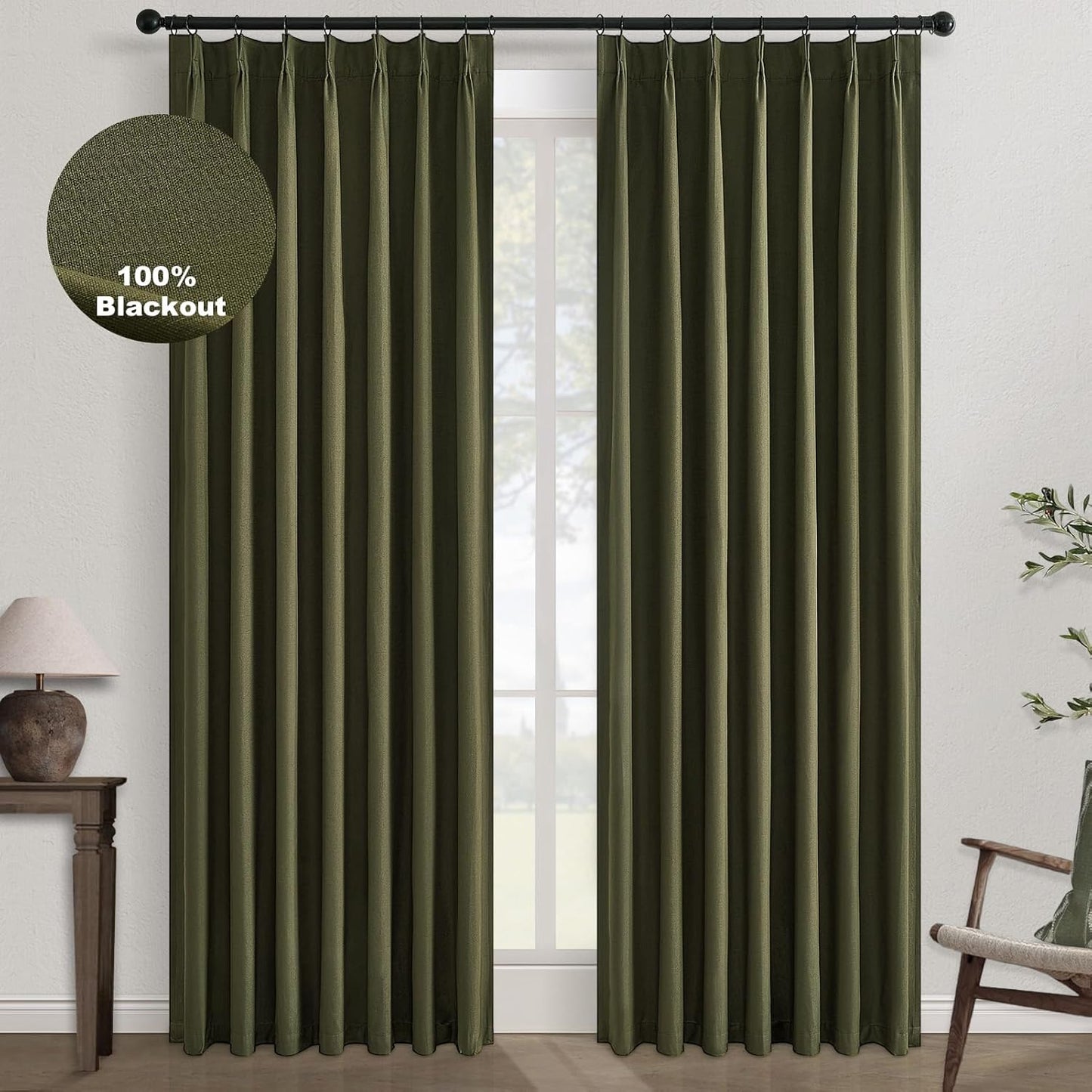 Topfinel 120 Inches Long Olive Green Linen Curtains for Living Room