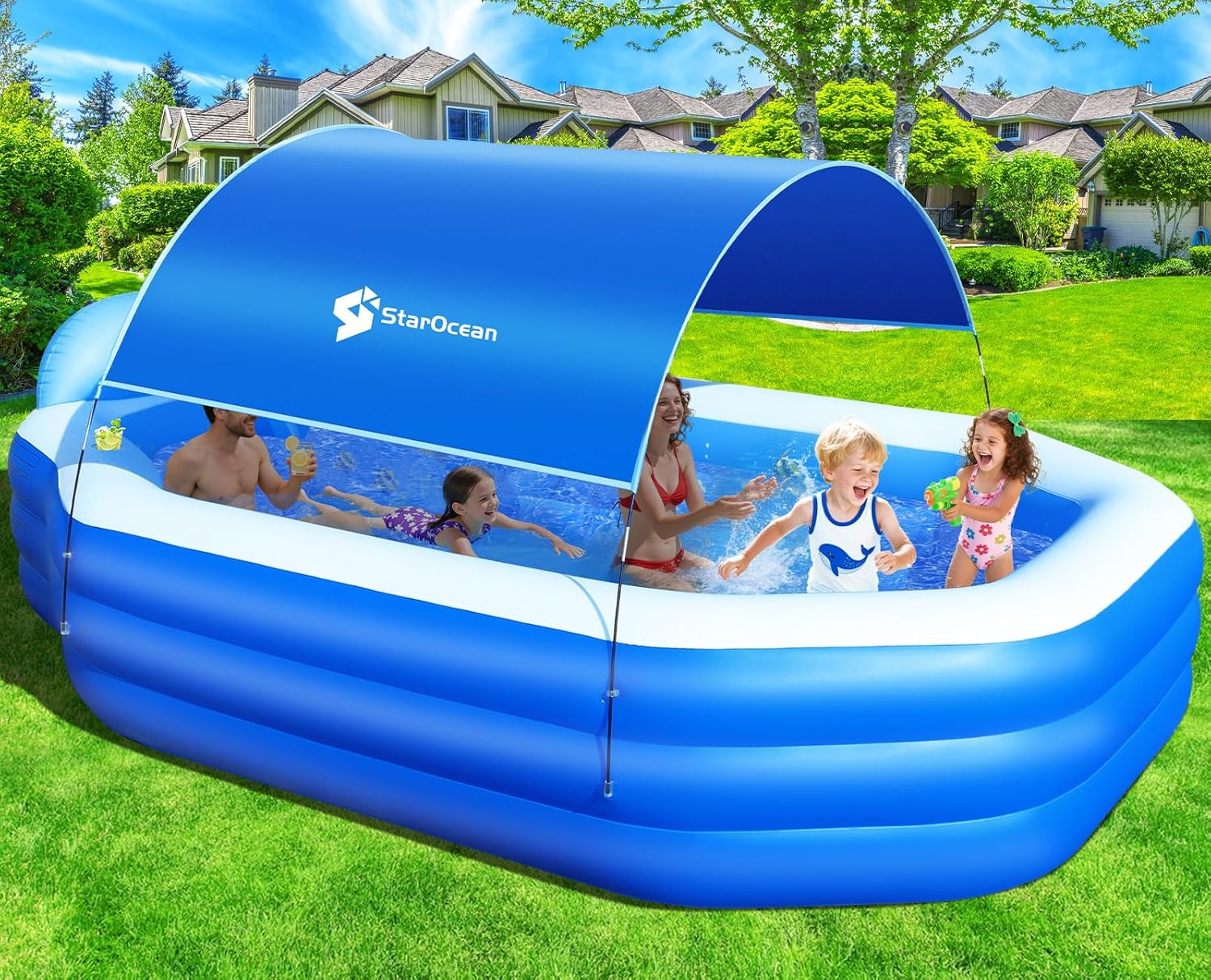 Inflatable Pool with Canopy for Kids and Adults, 118x75x20 in