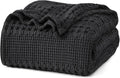 Cotton Waffle Weave Blanket Queen Size Black - Soft All-Season