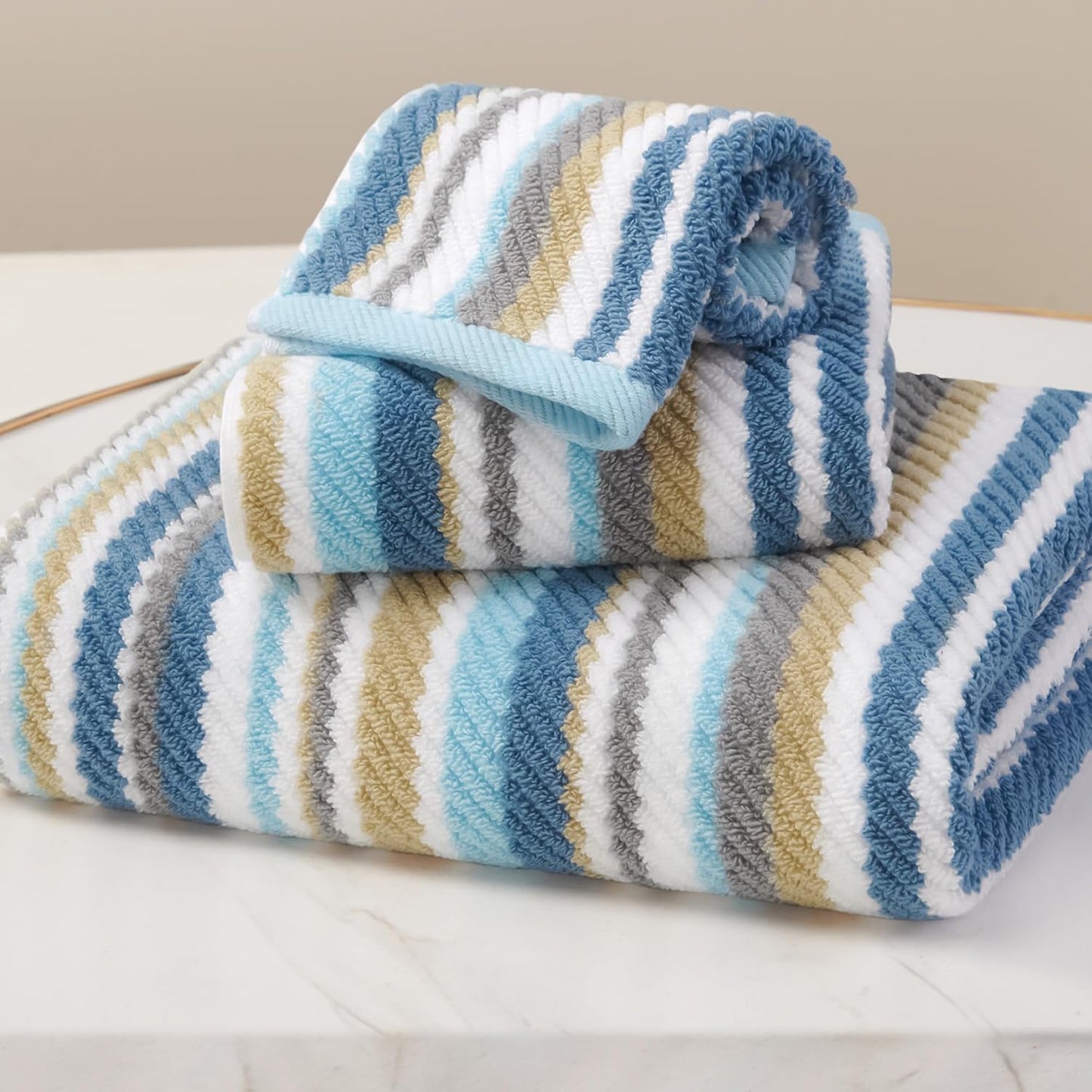 Striped Towels Set - 100% Cotton Quick Dry Soft Absorbent Luxury