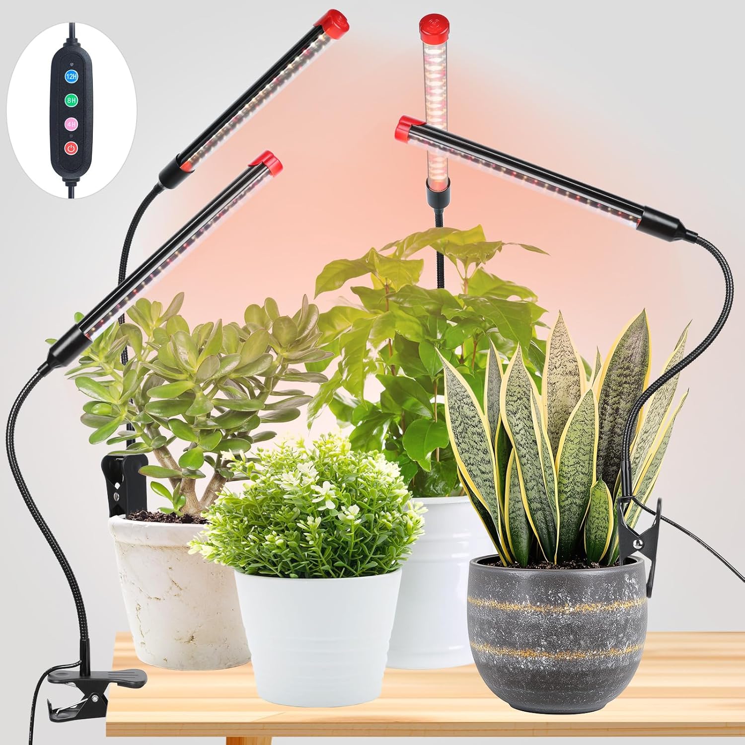 4-Pack Clip Grow Lights for Indoor Plants with Timer Functionality