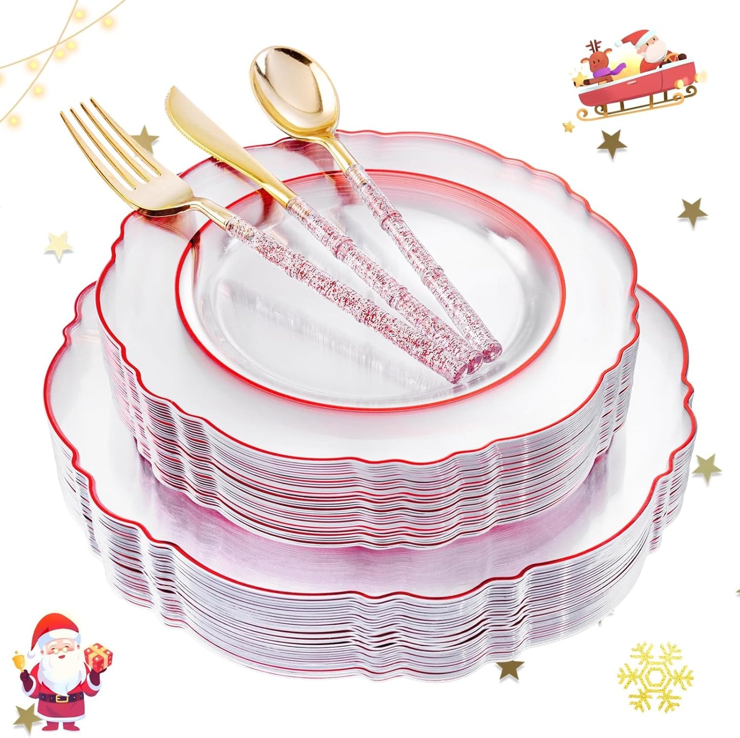 Elegant 150PCS Clear Red Disposable Plates for Weddings & Parties